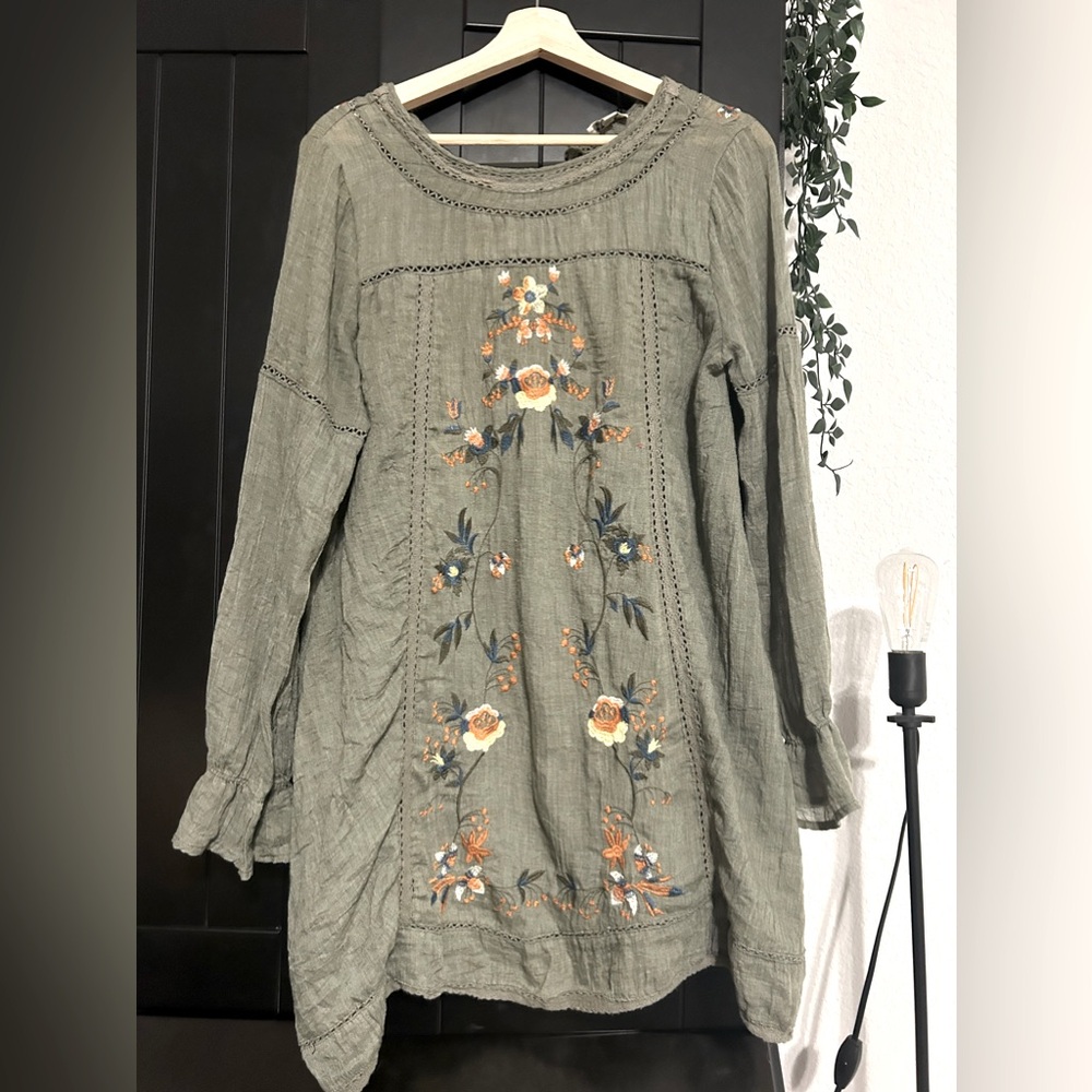 Umgee Olive green embroidered short swing dress hippy boho festival